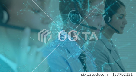 Sitting three agents wearing headsets and suits handling calls at office with digital 6G overlay 133792131