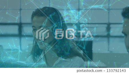 Collaborating office team with woman in white blouse and men studying 5G globe overlay Collaborating office team with woman in white blouse and men studying 5G globe overlay 133792143