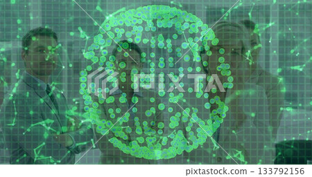 Business team wearing suits analyzing holographic virus model in lab, with node grid projection Business team wearing suits analyzing holographic virus model in lab, with node grid projection 133792156