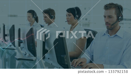 Working group of four call center agents typing and speaking at office workstations, with headsets Working group of four call center agents typing and speaking at office workstations, with headsets 133792158