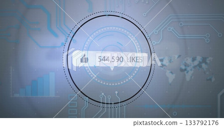 HUD displaying 544,590 likes with thumbs-up on dashboard, with bar chart, world map, circuit traces 133792176