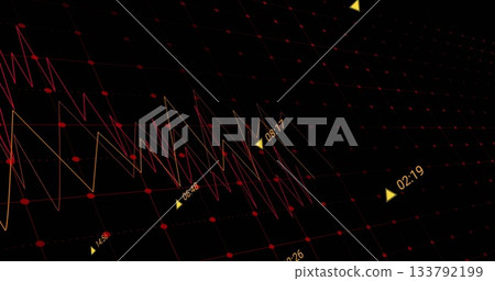 Displaying fluctuating neon line graph with yellow time markers on red dot grid virtual dashboard 133792199