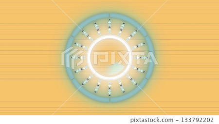 Displaying concentric rings rotating over warm gradient interface, with radial arrowheads Displaying concentric rings rotating over warm gradient interface, with radial arrowheads 133792202