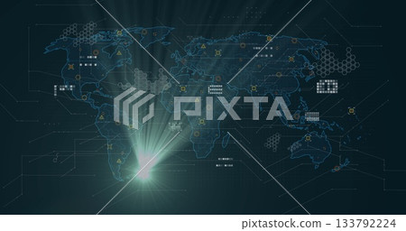 Displaying world map on interface, showing hexagon grids, circular data nodes and light flare Displaying world map on interface, showing hexagon grids, circular data nodes and light flare 133792224
