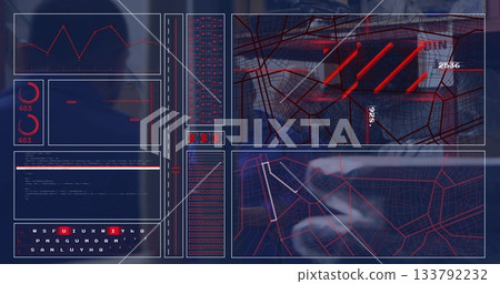 Three data analysts monitoring dashboard interface in dim control room, with map overlay 133792232