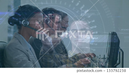 Reaching African American woman hovering over monitor at office, headsets, HUD overlays, copy space 133792238