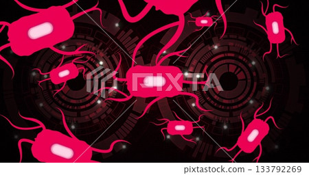 Pink bacterium floating in digital background, with wavy appendages, interface graphics and points 133792269