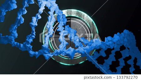 Weaving blue ribbon-like helix traversing digital space, with metallic disc and neon rim glowing 133792270