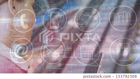 Standing woman wearing pink sweater holding smartphone at office panel, floating icons, copy space Standing woman wearing pink sweater holding smartphone at office panel, floating icons, copy space 133792309