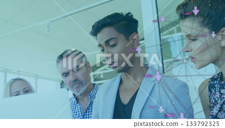 Leading team in formal wear reviewing analytics at office, with laptop, overlay on glass partition Leading team in formal wear reviewing analytics at office, with laptop, overlay on glass partition 133792325