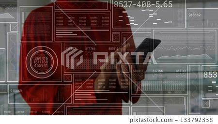 Holding smartphone businesswoman in red blazer viewing digital HUD panels in office, business theme 133792338
