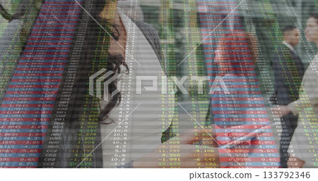 Pondering white blazer businesswoman resting chin in financial district, with stock ticker overlay Pondering white blazer businesswoman resting chin in financial district, with stock ticker overlay 133792346