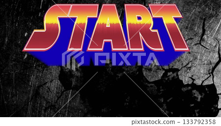 Displaying START with red-yellow gradient, blue shadow and white outline on cracked dark background Displaying START with red-yellow gradient, blue shadow and white outline on cracked dark background 133792358