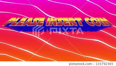 Floating 3D stylized PLEASE INSERT COIN dropping shadow over pink orange gradient, with wavy lines 133792365