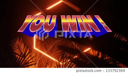 Glowing neon text YOU WIN! shining on dark digital stage, with hexagon frame and palm leaves 133792369