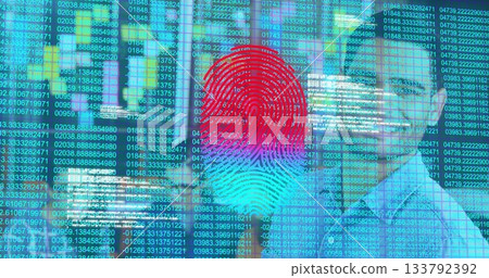 Projecting two-tone fingerprint hologram over code streams in blue-lit lab, with masked technician Projecting two-tone fingerprint hologram over code streams in blue-lit lab, with masked technician 133792392
