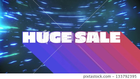 Showing bold white HUGE SALE casting purple-red gradient shadow on neon blue streaked dark canvas Showing bold white HUGE SALE casting purple-red gradient shadow on neon blue streaked dark canvas 133792395