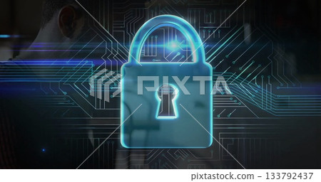 Displaying blue glowing padlock icon in virtual circuit board interface, with dark shirt silhouette Displaying blue glowing padlock icon in virtual circuit board interface, with dark shirt silhouette 133792437