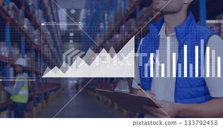 Male worker in vest holding clipboard and taking inventory at distribution center, copy space Male worker in vest holding clipboard and taking inventory at distribution center, copy space 133792458