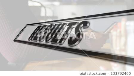 Floating 3D RESULTS hovering over cafe, with man holding smartphone on wooden table with condiments Floating 3D RESULTS hovering over cafe, with man holding smartphone on wooden table with condiments 133792460