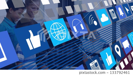 In office, image icons overlaying diverse group collaborating on project 133792461