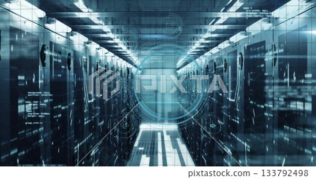 Image of glowing lights in futuristic data center corridor with digital elements Image of glowing lights in futuristic data center corridor with digital elements 133792498