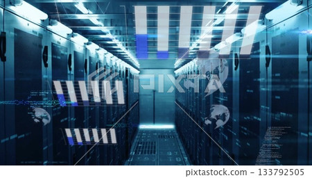 Data processing image over futuristic server room with digital graphics Data processing image over futuristic server room with digital graphics 133792505