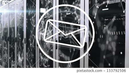 Image of email icon hovering above network servers with digital connections 133792506