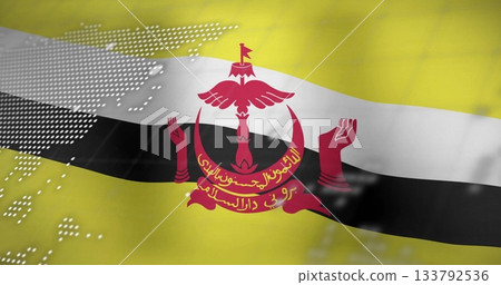 Waving Brunei flag with digital data and map overlay in background image Waving Brunei flag with digital data and map overlay in background image 133792536