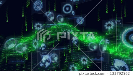 Displaying green binary wave flowing across virtual space, with globes gears and line graphs Displaying green binary wave flowing across virtual space, with globes gears and line graphs 133792562