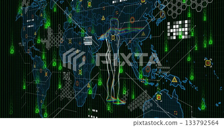 Digital human silhouette over world map with data and binary code image Digital human silhouette over world map with data and binary code image 133792564