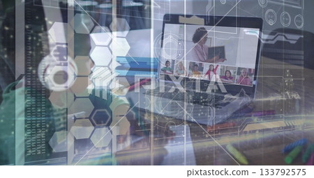 Virtual meeting on laptop with digital data processing image overlay 133792575