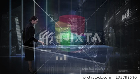 Woman in blazer using touchscreen table in tech lab, exploring pie chart, 3D model, copy space Woman in blazer using touchscreen table in tech lab, exploring pie chart, 3D model, copy space 133792580