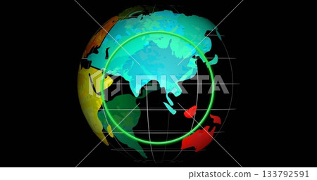 Image of colorful globe with continents highlighted on black background Image of colorful globe with continents highlighted on black background 133792591