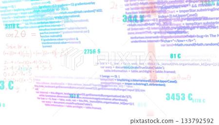 Image of mathematical equations and programming code overlapping on digital screen 133792592