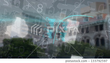 Projecting translucent data overlay on screen, showing building facade trees and cloud patches 133792597