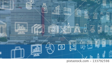Urban cityscape with business icons and data analytics in image overlay 133792598