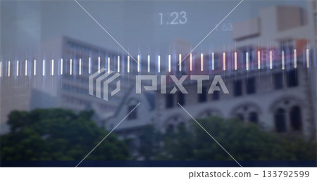 Audio waveform image over blurred city buildings and trees in background 133792599