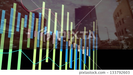 Bar and line graphs image over cityscape with tall buildings Bar and line graphs image over cityscape with tall buildings 133792603