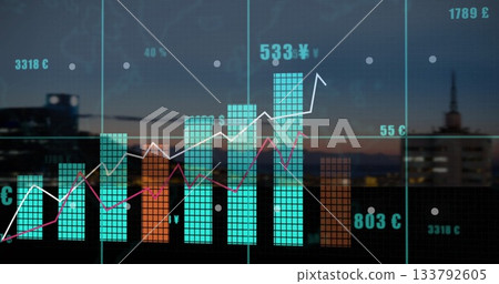 Image of bar and line graphs presenting financial data over cityscape at dusk Image of bar and line graphs presenting financial data over cityscape at dusk 133792605