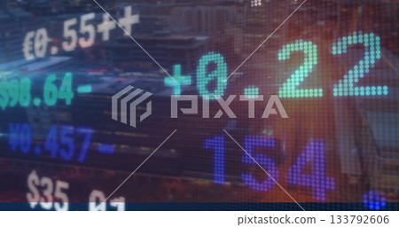Floating dot-matrix ticker showing prices and % changes over city skyline, with currency symbols Floating dot-matrix ticker showing prices and % changes over city skyline, with currency symbols 133792606