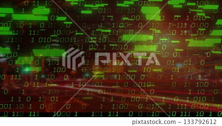 Image of binary code with green data blocks overlaying cityscape at night Image of binary code with green data blocks overlaying cityscape at night 133792612