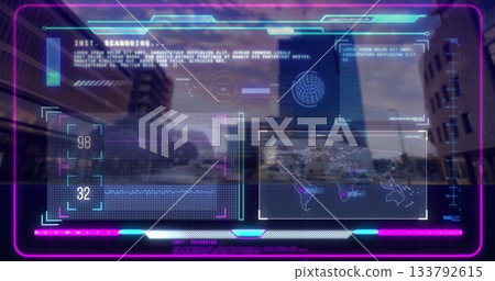 Image of futuristic digital interface with global data over cityscape background Image of futuristic digital interface with global data over cityscape background 133792615
