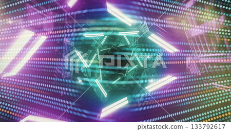 Neon lights and digital patterns forming geometric shapes in futuristic image 133792617