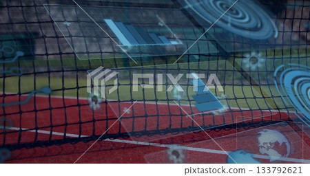 Tennis net on court with digital data processing image overlay Tennis net on court with digital data processing image overlay 133792621