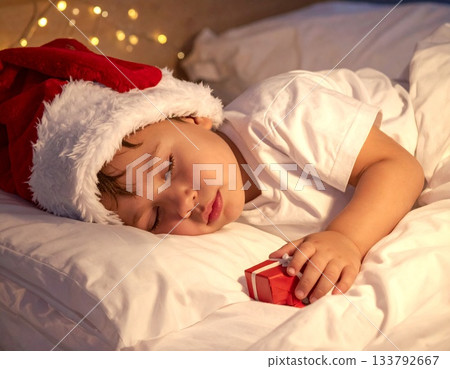 A child sleeping in anticipation of a Christmas present 133792667