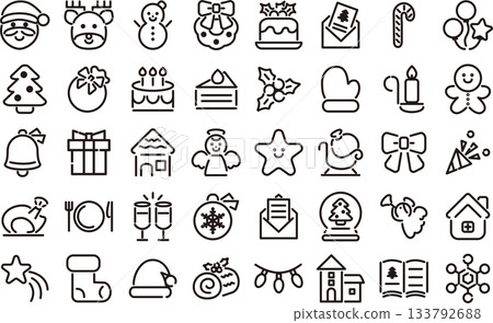 A collection of simple and cute Christmas decoration icons, including Santa, tree, cake, etc. A collection of simple and cute Christmas decoration icons, including Santa, tree, cake, etc. 133792688