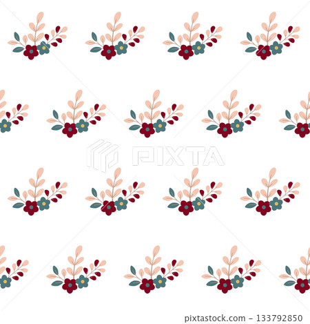 Red and blue flowers with beige leaves on white background 133792850