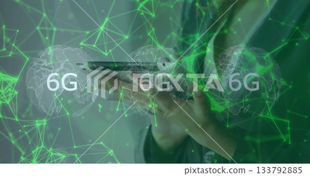 Woman's hands holding smartphone in virtual network interface, with green nodes and 6G globes Woman's hands holding smartphone in virtual network interface, with green nodes and 6G globes 133792885