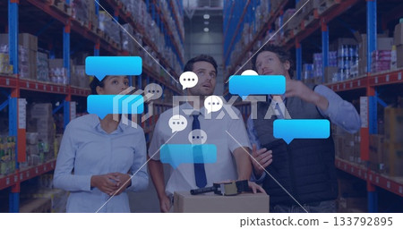 Scanning cardboard boxes on cart while pointing at shelving in warehouse aisle, with chat bubbles 133792895